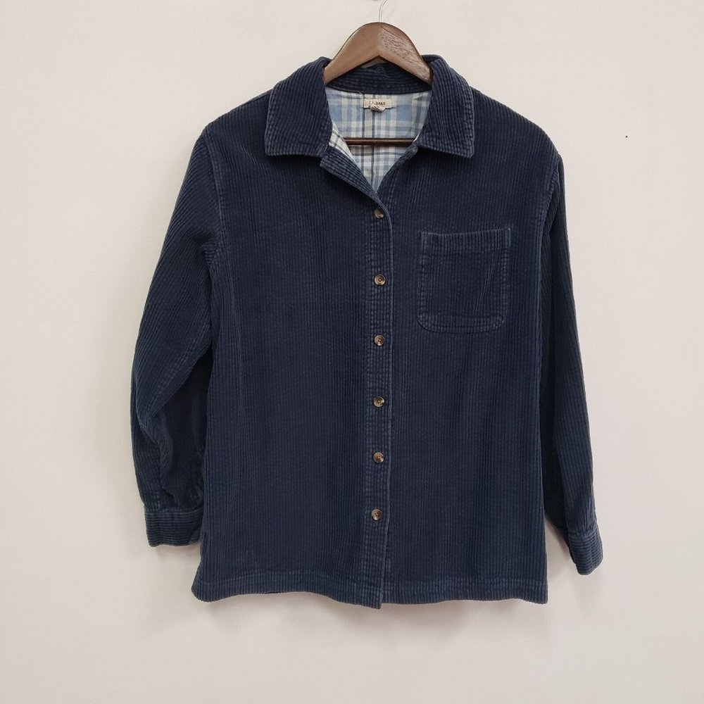 LL Bean Womens Comfort Corduroy Relaxed Shirt Size M Blue Flannel Lined Button